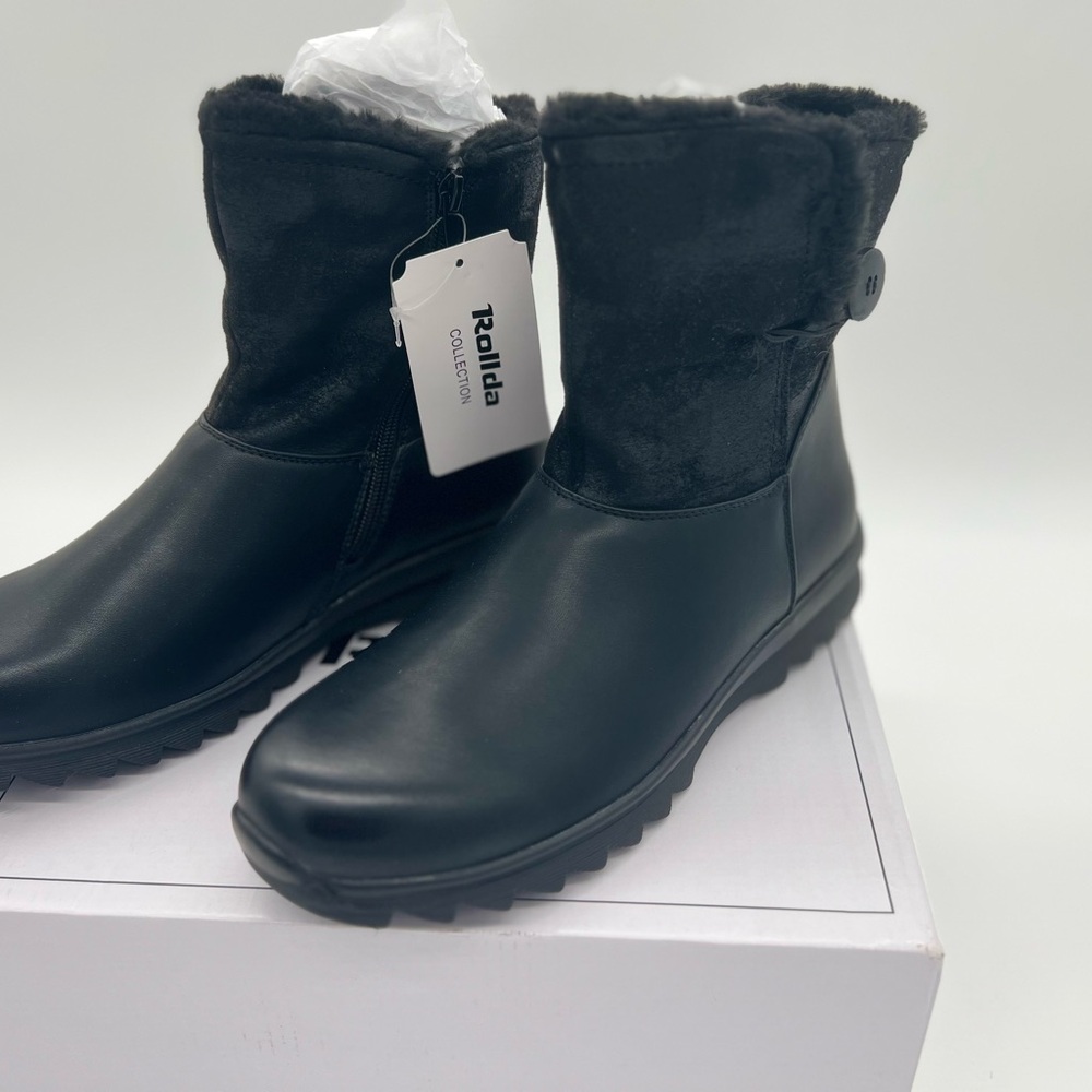 Rollda Women Size 9.5 Faux Fur Casual Button Ankle Boot Brown Side ZipBoots